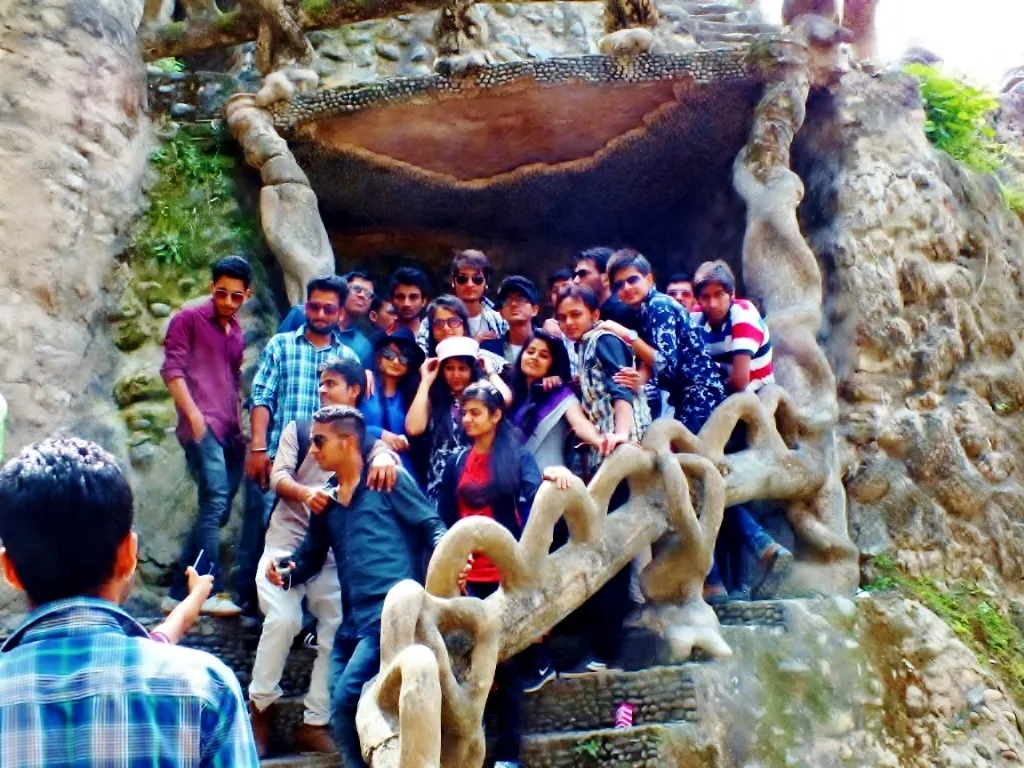 A student group visiting Chandigarh Rock Garden