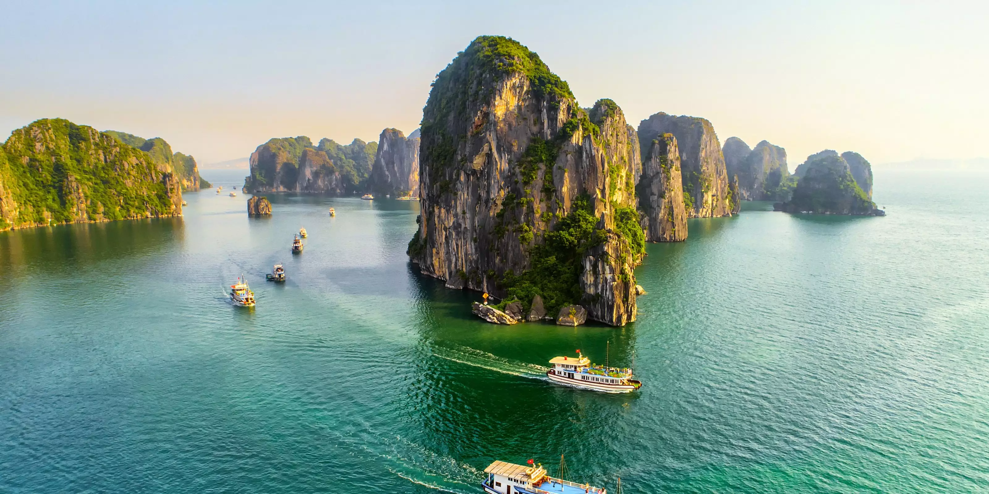 Limestone islands rising from Ha Long Bay in Vietnam