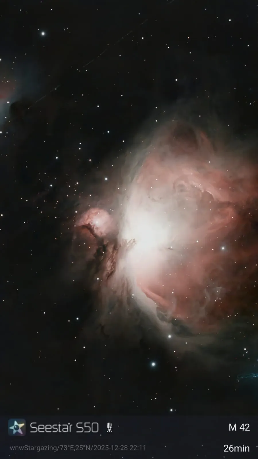 A deep-sky image of the Orion Nebula captured through Wings and Wheels stargazing equipment